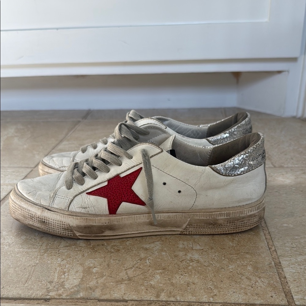 Golden Goose White and Red Star Sneakers
